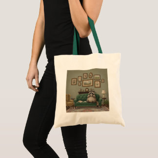 Bolso De Tela Mapache bebiendo café en el sofá 