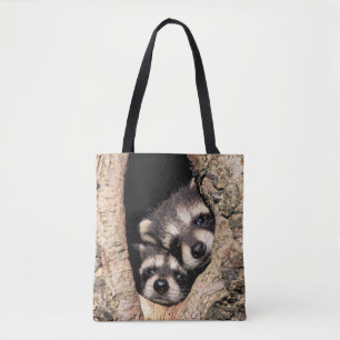 Bolso De Tela Mapaches Bebés Asomándose desde un Árbol