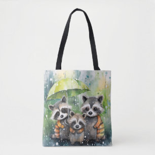 Bolso De Tela Mapaches lindos bajo la lluvia