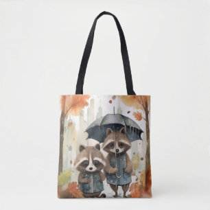Bolso De Tela Mapaches lindos bajo la lluvia