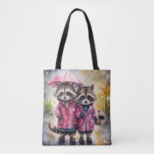 Bolso De Tela Mapaches lindos bajo la lluvia