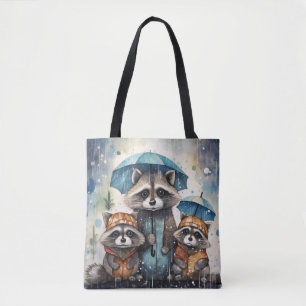 Bolso De Tela Mapaches Lindos en la Lluvia