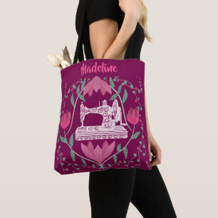 Bolso De Tela Máquina de coser vintage y Fuchsia floral