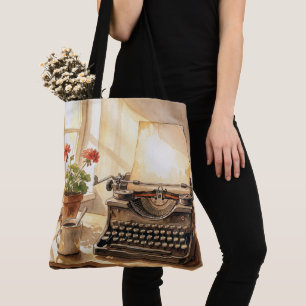 Bolso De Tela Máquina de escribir con tipo de acuarela con hoja