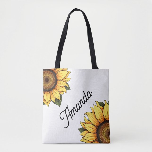 Bolso De Tela Marca diagonal amarillo acuarela dos girasoles (Anverso)