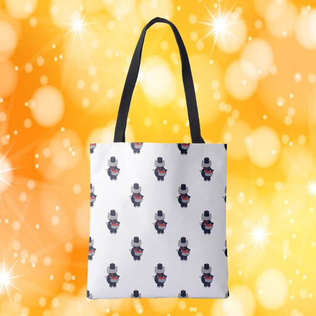 Bolso De Tela Marching Band Cat Drummer Navy Blue Red (A tote bag with a pattern of gray cats playing snare drums.)