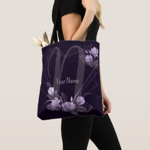 Bolso De Tela Marco de nombre monograma floral violeta geométric