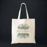 Bolso De Tela Marco rústico de vegetación con honores<br><div class="desc">Esta bolsa de tote rústica y verde contiene las palabras "doncella de honor" en la escritura moderna de color verde sabio,  enmarcada por encima y por debajo por follaje acuático y bayas en sutiles tonos verdes,  grises y azules.</div>