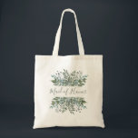 Bolso De Tela Marco rústico de vegetación con honores<br><div class="desc">Esta bolsa de tote rústica y verde contiene las palabras "doncella de honor" en la escritura moderna de color verde sabio,  enmarcada por encima y por debajo por follaje acuático y bayas en sutiles tonos verdes,  grises y azules.</div>