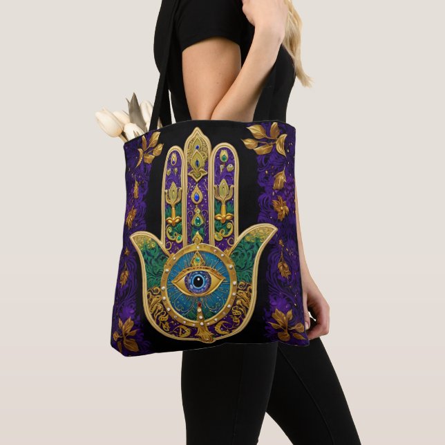 Bolso De Tela Mardi Gras Gold Purple Green Hamsas Art (Detalle)