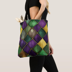 BOLSO DE TELA MARDI GRAS PATRÓN DE DIAMANTE VERDE Y PURPLE