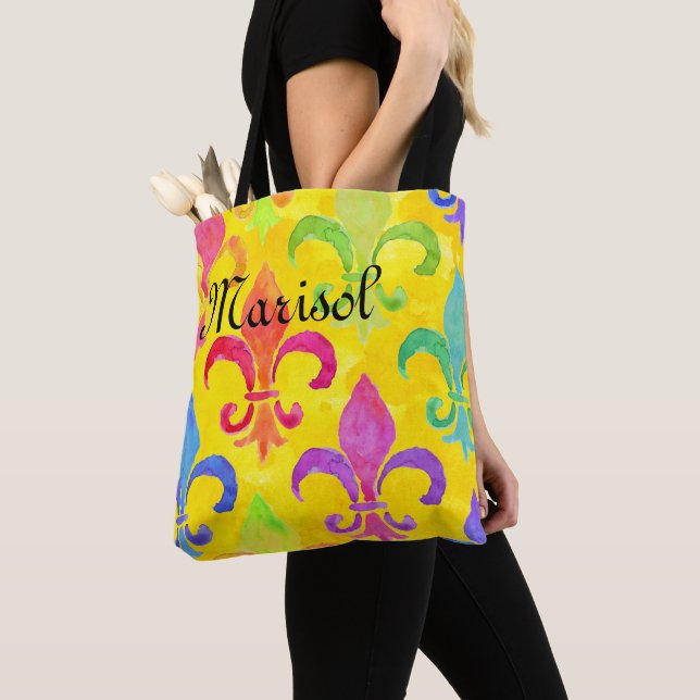 Bolso De Tela Mardi Gras Rainbow Fleur de lis Monograma Amarillo (Detalle)