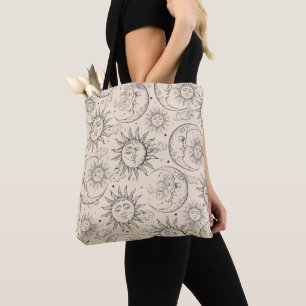 Bolso De Tela Marfil Crema Mágico Vintage Sol Celestial Luna Est
