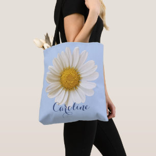 Bolso De Tela Margarita blanca con nombre personalizado fondo az