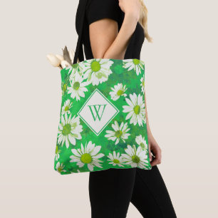 Bolso De Tela Margaritas blancas en el estampado de flores verde
