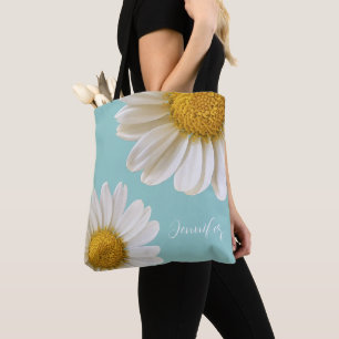 Bolso De Tela Margaritas Blancas Personalizadas Verde Claro