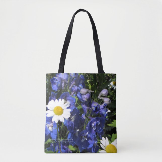 Bolso De Tela Margaritas y Delphiniums. Azul de Larkspur (Anverso)