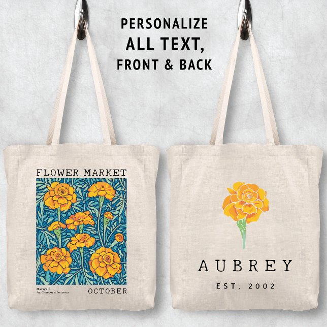 Bolso De Tela Marigold Floral Octubre Nacimiento Flor Nombre del (Personalized October Birth Flower Market Tote Bag, Custom Name Bag, Bachelorette Bridesmaid Gifts )