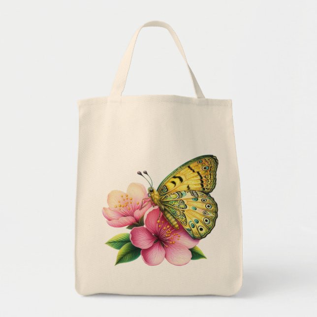 Bolso De Tela Mariposa amarilla en las flores de cerezo (Frente)
