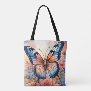Bolso De Tela Mariposa Arcoíris en un Jardín de Flores
