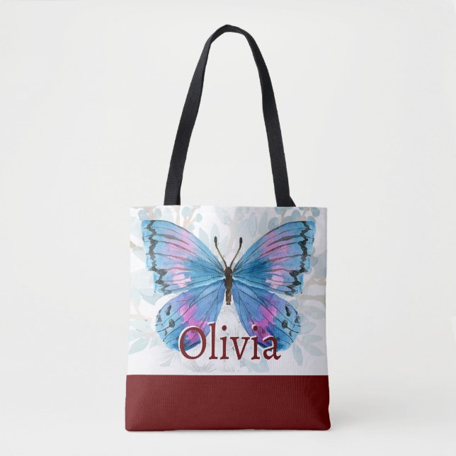 Bolso De Tela Mariposa azul con acentos de Borgoña (Anverso)