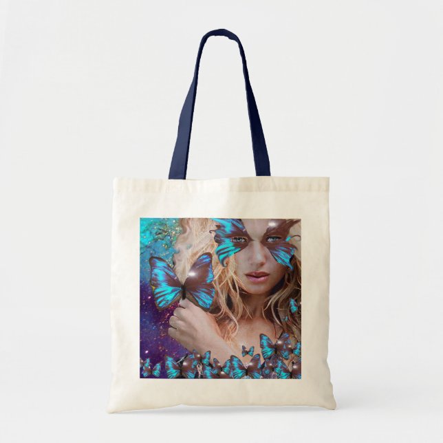 BOLSO DE TELA MARIPOSA AZUL CON DERRAMES DE ORO VERDE (Frente)