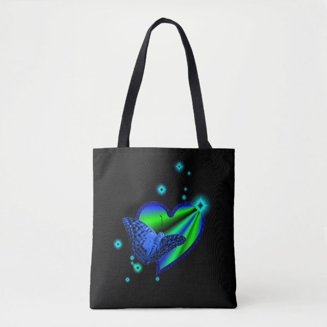 Bolso De Tela Mariposa azul en el corazón arcoiris con estrellas (Anverso)