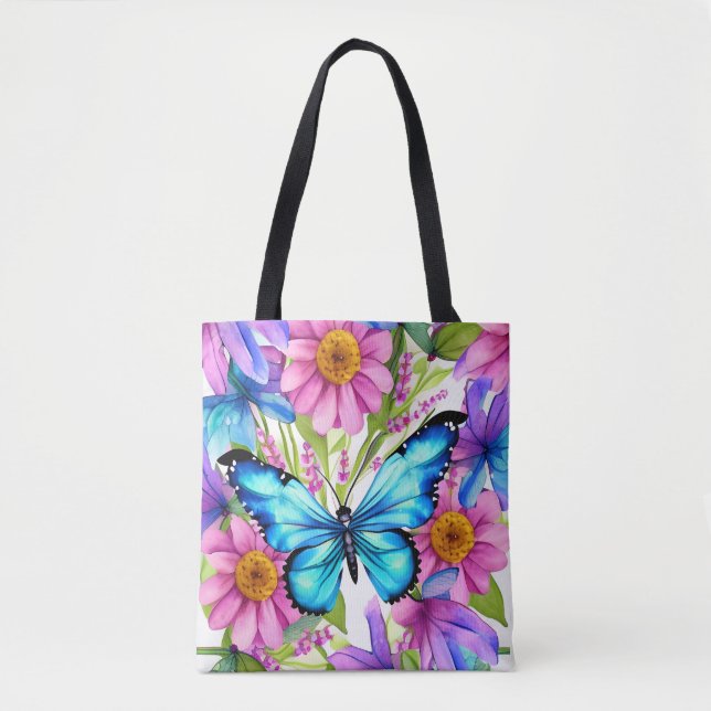 Bolso De Tela Mariposa azul en un campo de flores (Anverso)