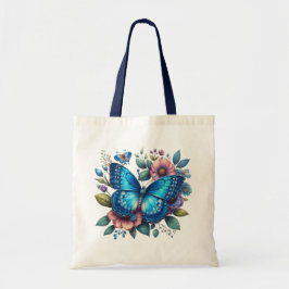 Bolso De Tela Mariposa azul oscuro sobre el diseño floral