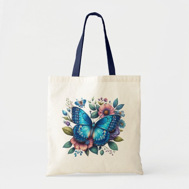 Bolso De Tela Mariposa azul oscuro sobre el diseño floral (Frente)