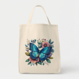 Bolso De Tela Mariposa azul oscuro sobre el diseño floral