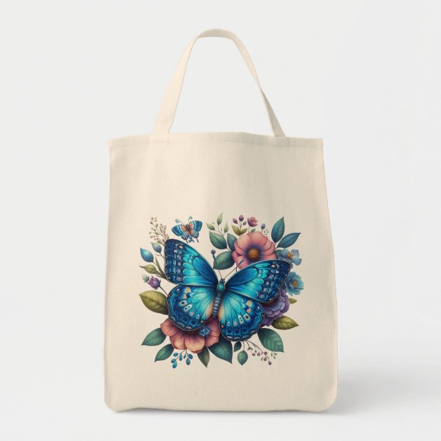 Bolso De Tela Mariposa azul oscuro sobre el diseño floral (Frente)
