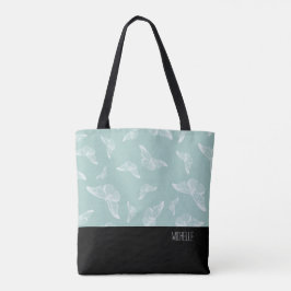 Bolso De Tela Mariposa blanca verde pálido fondo negro con nombr