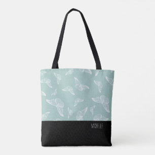 Bolso De Tela Mariposa blanca verde pálido fondo negro con nombr