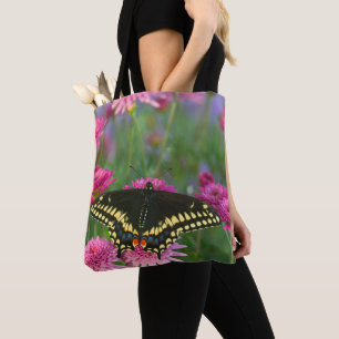 Bolso De Tela Mariposa cola de golondrina negra sobre flor rosa