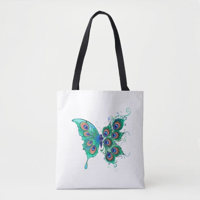 Bolso De Tela Mariposa con plumas de pavo real verde (Anverso)