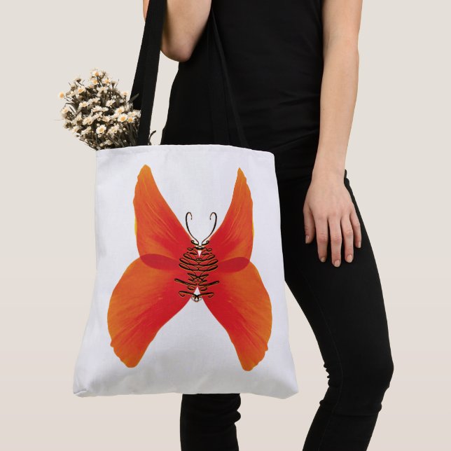 Bolso De Tela Mariposa de amapola roja naranja con su nombre (Detalle)
