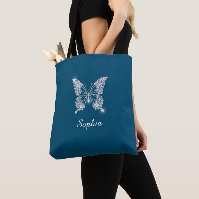 Bolso De Tela Mariposa de diamante blanco, nombre de guión, azul (Detalle)