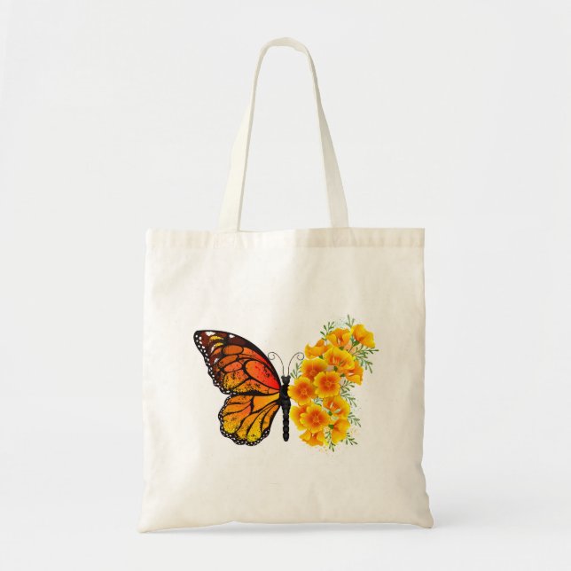 Bolso De Tela Mariposa de flores con amapola amarilla de Califor (Frente)