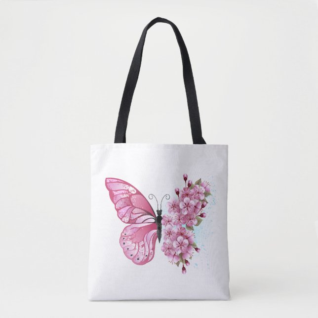 Bolso De Tela Mariposa de flores con Sakura rosa (Anverso)