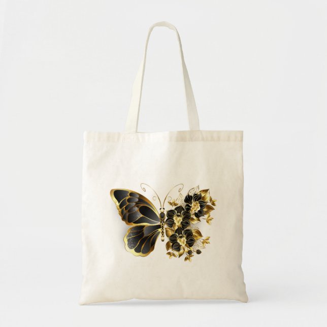 Bolso De Tela Mariposa de flores de oro con orquídea negra (Frente)