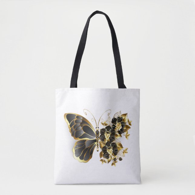 Bolso De Tela Mariposa de flores de oro con orquídea negra (Anverso)