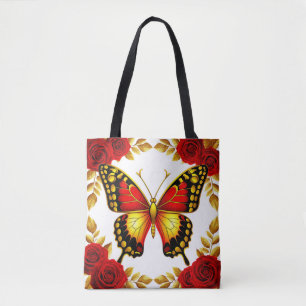 Bolso De Tela Mariposa Dorada Con Rosas Rojas Y Hojas Doradas