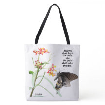 Mariposa en Milkweed, con verso (John 8:32)
