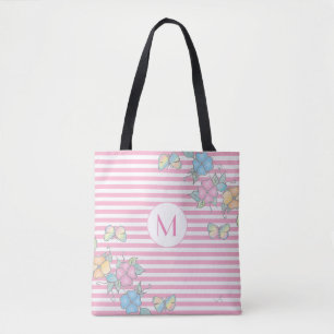 Bolso De Tela Mariposa Floral Tirada Monograma Rosa
