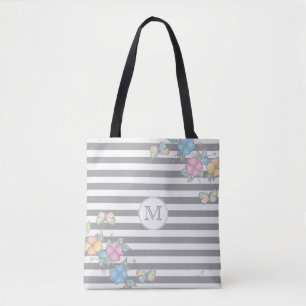 Bolso De Tela Mariposa Floral Tirado Monograma Gris