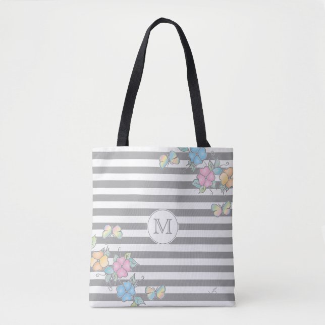 Bolso De Tela Mariposa Floral Tirado Monograma Gris (Anverso)