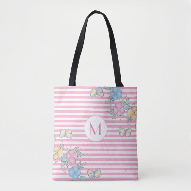 Bolso De Tela Mariposa Floral Tirado Monograma Rosa (Anverso)