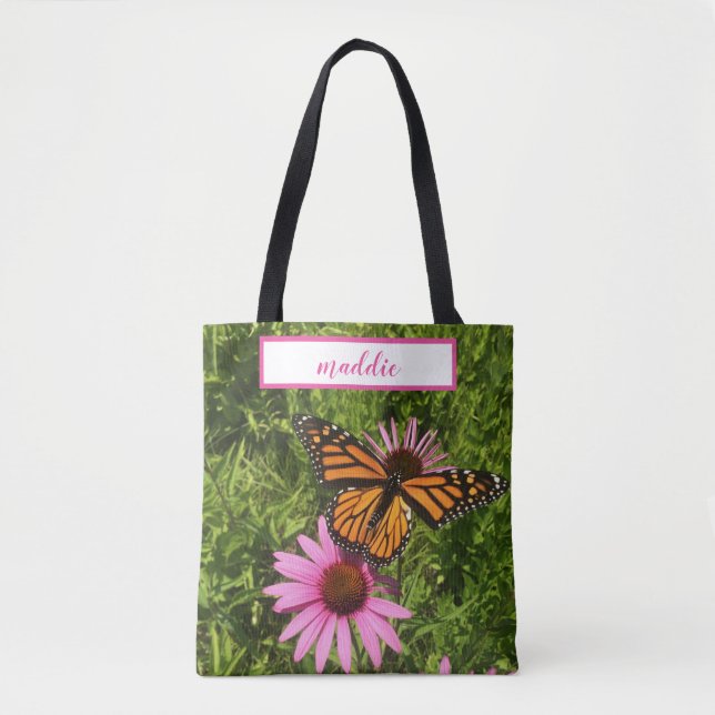 Bolso De Tela Mariposa monarca en la flor de cono de Echinacea (Anverso)