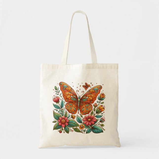 Bolso De Tela mariposa naranja con flores (Frente)